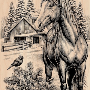 May include: Black and white illustration of a horse standing in a snowy landscape. A barn and evergreen trees are in the background. Two birds perch on a holly bush in the foreground.