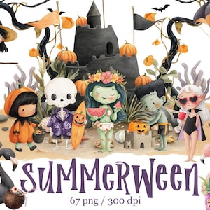 Summer Halloween Clipart - Spooky Beach Illustrations - Tropical Halloween PNG - Summerween Bundle - Instant Download - Cute Spooky Beach