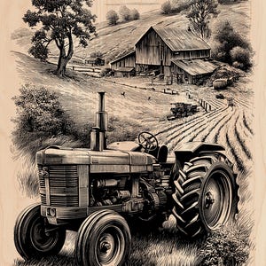 Puede incluir: Ilustración en blanco y negro de un tractor antiguo en un paisaje rural. La imagen presenta un tractor con neumáticos grandes, un granero y campos. La obra de arte está sobre un fondo claro de vetas de madera.