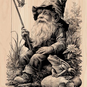 Könnte beinhalten: Eine schwarz-weiße Holzstich-Illustration eines bärtigen Gnoms mit einem hohen, spitzen Hut. Der Gnom hält eine Angelrute in der Nähe eines Schmetterlings, während ein Frosch auf einem glatten Stein im Vordergrund zwischen Wasser und Gras sitzt.