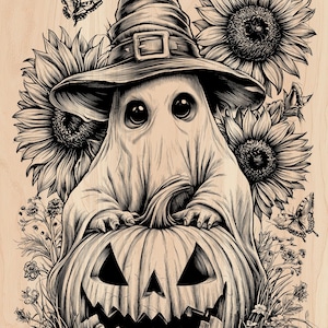 May include: A black and white line art illustration on wood grain featuring a ghost wearing a pointed witch hat, resting its hands on a carved jack-o'-lantern pumpkin. The scene is surrounded by large sunflowers, small wildflowers, and two butterflies.