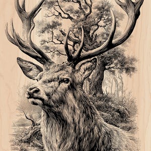 May include: A detailed black and white illustration of a stag with large antlers, set against a backdrop of a forest and trees. The artwork is rendered in a vintage style, with intricate linework and shading, creating a classic, nature-themed design.