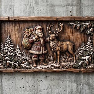 May include: A rectangular wooden wall plaque featuring a detailed relief carving of Santa Claus carrying a sack of gifts and standing next to a reindeer. The scene includes snow-covered pine trees, branches with pinecones, and a rustic wood frame.