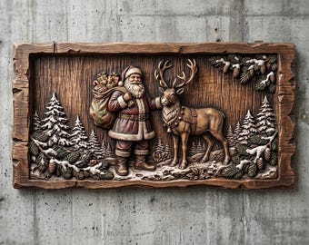 Könnte beinhalten: Eine rechteckige Wandtafel aus Holz mit einer detaillierten Reliefschnitzerei des Weihnachtsmanns, der einen Geschenkesack trägt und neben einem Rentier steht. Die Szene zeigt verschneite Tannenbäume, Zweige mit Tannenzapfen und einen rustikalen Holzrahmen.