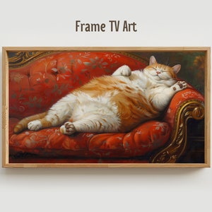 Fat Lazy Cat Art for Samsung Frame TV | Whimsical Funny Cat Lying on Sofa Digital Print | Pet Lover Home Decor | Funny Pet Digital Download