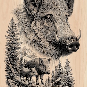 File per incisione laser di cinghiale / Caccia al cinghiale SVG PNG Scena forestale Targa in legno