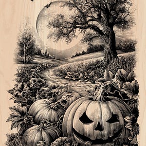 May include: A black and white wood engraving print featuring a large carved jack-o'-lantern in the foreground, surrounded by pumpkin vines and leaves. A winding path leads toward a gnarled tree, a full moon, and several flying bats in the sky.