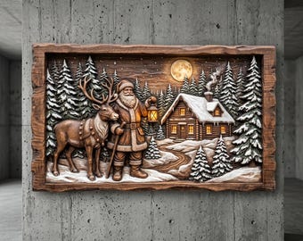 May include: A rectangular wooden wall plaque featuring a relief carving of Santa Claus holding a lantern next to a reindeer. The scene depicts a snow-covered log cabin, a dense forest of pine trees, and a full moon in the night sky, all framed in wood.