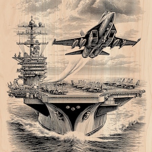 May include: A black and white wood-engraved style illustration of a large aircraft carrier sailing on the ocean. A fighter jet is shown taking off from the flight deck, which is crowded with other parked aircraft. Large clouds fill the sky.
