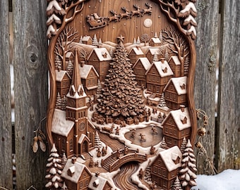 Könnte beinhalten: Eine rechteckige Wandplatte aus Holz mit einer detaillierten Reliefschnitzerei einer winterlichen Dorfszene. Die Schnitzerei zeigt Häuser mit schneebedeckten Dächern, einen zentralen Weihnachtsbaum, eine Kirche, einen zugefrorenen Teich mit Schlittschuhläufern und den Weihnachtsmann.