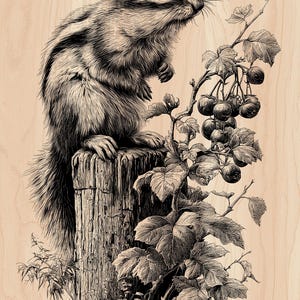 May include: Black and white illustration of a chipmunk perched on a wooden post, with a detailed rendering of fur and features. A branch of berries and leaves adds to the woodland theme.