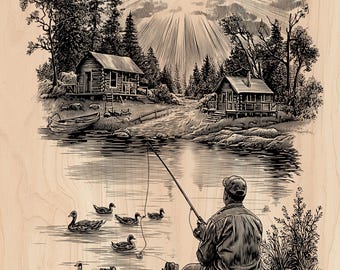 May include: Black and white illustration of a person fishing from a wooden dock on a lake. Ducks swim in the water. Two cabins are visible in the background, surrounded by trees. The sun shines brightly in the sky.