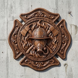 Puede incluir: Una placa de pared circular de madera con forma de cruz de Malta tallada. El centro muestra un casco de bombero y una máscara de gas rodeados de llamas, con dos hachas cruzadas detrás del casco. El borde presenta detalles de volutas intrincadas.