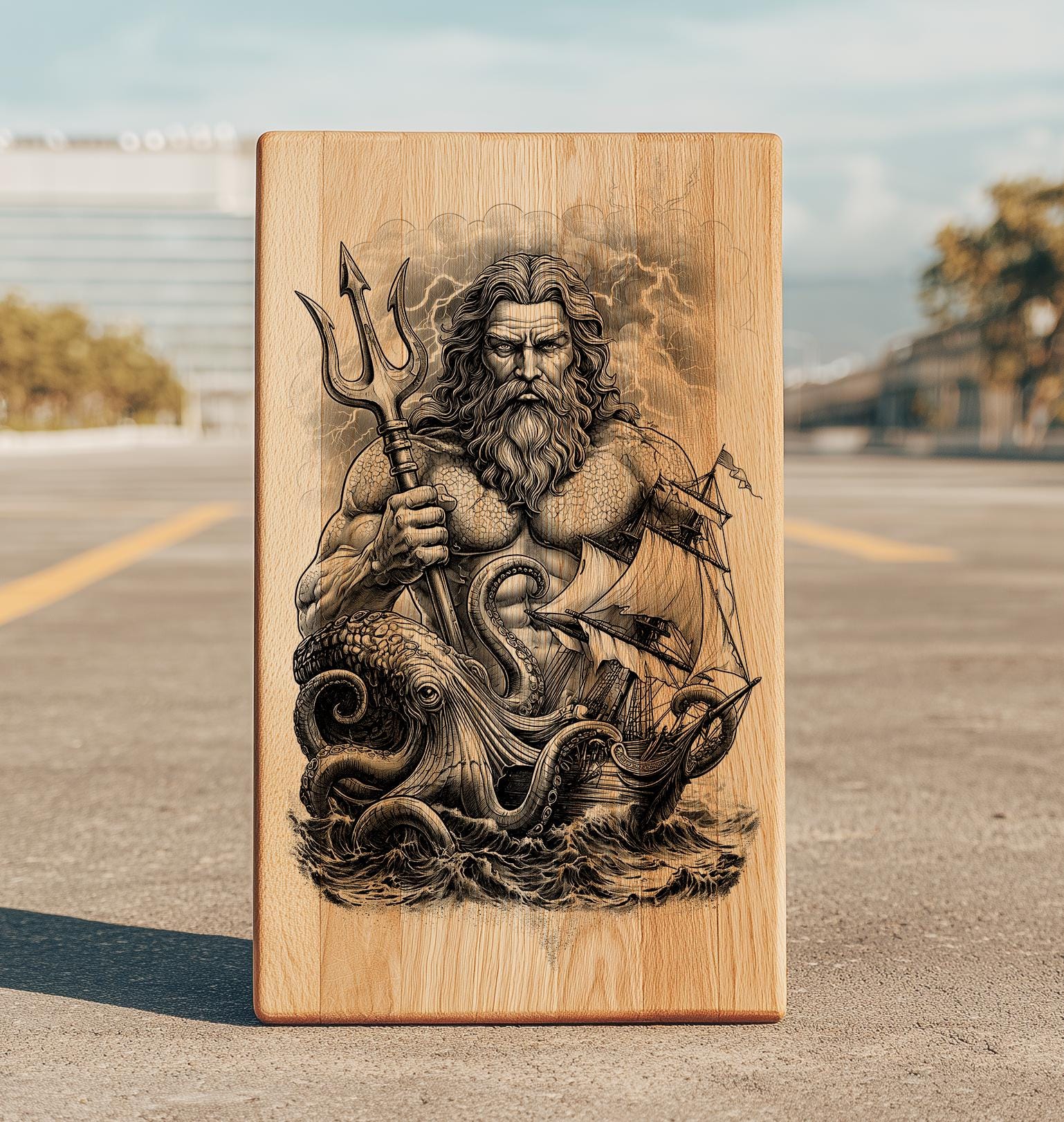 Poseidon Laser Engraving File | Greek God Trident Kraken Ship Wood