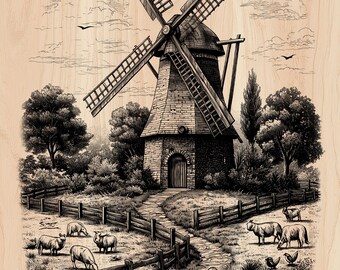 Archivo de grabado láser de molino de viento / Escena rural de ovejas en una granja rústica / SVG PNG