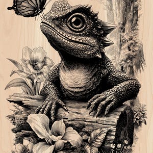 Könnte beinhalten: Eine schwarz-weiße Holzstich-Illustration, die eine Eidechse mit großen Augen und Stacheln am Kopf zeigt, die auf einem Baumstamm ruht. Ein Schmetterling schwebt nahe der Nase der Eidechse, umgeben von detaillierten Blumen und einem hohen Baum.