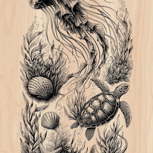 May include: Black and white illustration of marine life, including a jellyfish, sea turtle, starfish, stingray, and seashells. The artwork is detailed and set against a light wood grain background, evoking an underwater scene.