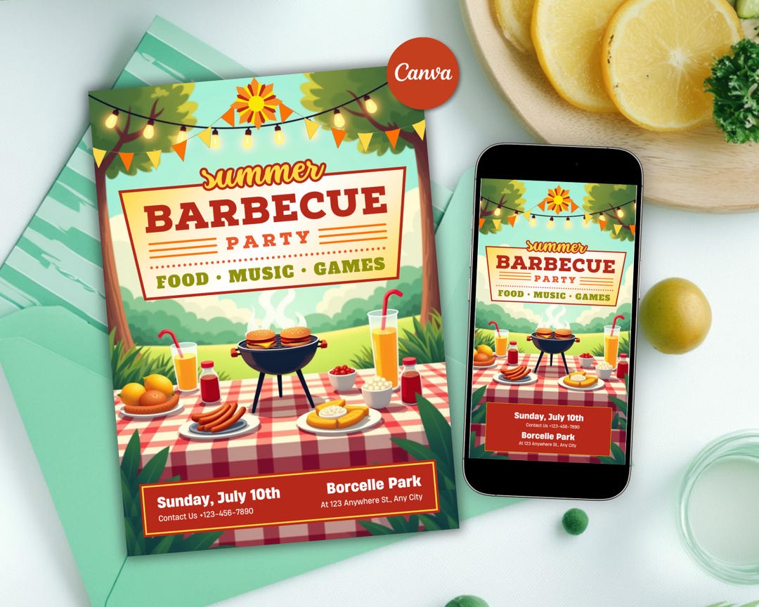 Summer Barbecue Party Invitation Template Summer BBQ Cookout Backyard ...