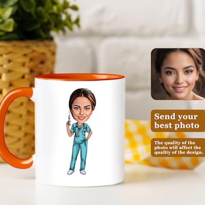 May include: A white ceramic mug with an orange rim and handle. The mug features a cartoon illustration of a nurse holding a syringe. The text "Send your best photo" is printed on the mug.