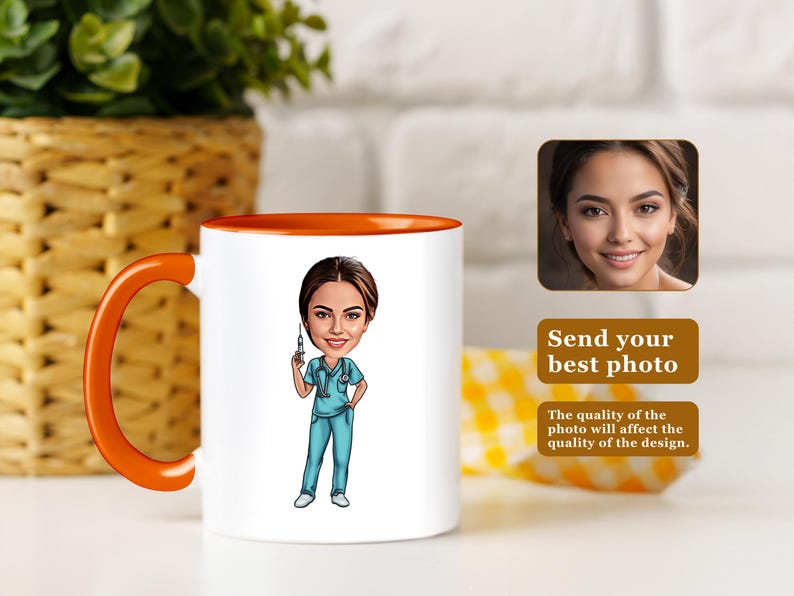 May include: A white ceramic mug with an orange rim and handle. The mug features a cartoon illustration of a nurse holding a syringe. The text "Send your best photo" is printed on the mug.