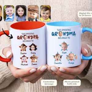 Peut inclure: Deux mugs en céramique blancs personnalisés avec des photos et du texte. L'un a une anse et un bord rouges, l'autre a une anse et un bord bleus. Les mugs indiquent "This Amazing Grandpa Belongs To" et "This Amazing Grandma Belongs To".