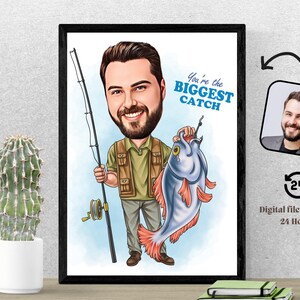 Ritratto di cartone animato di pescatore personalizzato Disegno di caricatura di pescatore personalizzato da foto Regalo di caricatura di pescatore divertente per pescatore