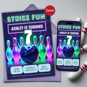 Bowling Birthday Invitation Card Template Glow Bowling Invitation Design Neon Bowling Party Boy Girl Bowling Invite Strike Fun Canva