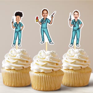Decorazioni per cupcake personalizzate con volti di infermieri, decorazioni per cupcake per pensionati, decorazioni per cupcake per dottori, decorazioni per cupcake mediche, decorazioni per feste mediche