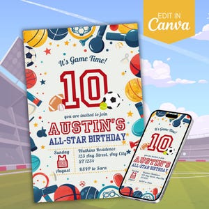 Kids Sports Theme Birthday Invitation Card Basketball Football Soccer Baseball Invitation Boy Birthday Editable Template It's Game Time