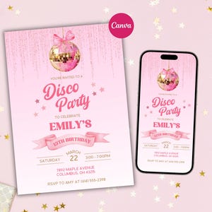 Pink Disco Party Birthday Invitation Template Disco Ball Party Dancing Queen Birthday Party Mirror Ball 70's Theme Dance Party Canva