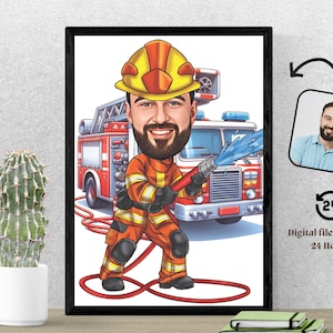 Retrato de caricatura de bombero Caricatura de bombero a partir de foto Regalo para él Retrato de bombero Retrato de bombero Caricatura de bombero