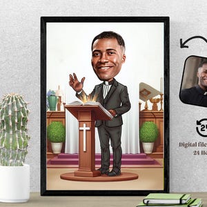 Pastor Niestandardowy Karykatura Prezent dla Mężczyzny Pastor Chrześcijański Pastor Kreskówka Śmieszna Karykatura ze Zdjęcia Pastor Karykatura Prezent Duchowny