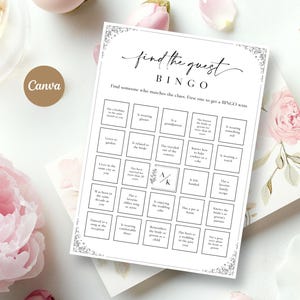 Plantilla de juego de bingo para bodas "Encuentra al invitado" Juegos de boda Juegos sociales "Encuentra al invitado" Juego de recepción Bingo minimalista Canva