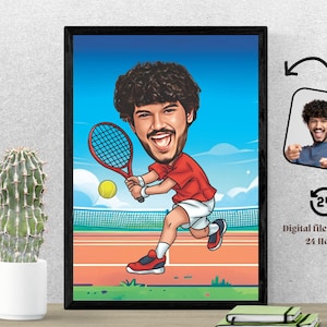 Niestandardowy męski tenisista kreskówka tenis kreskówka tenis karykatura prezent dla tenisisty niestandardowa karykatura ze zdjęcia portret tenisowy