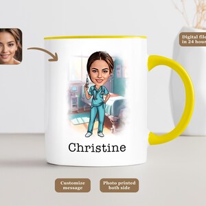 May include: White ceramic mug with a yellow rim and handle. The mug features a cartoon illustration of a nurse in a hospital setting. The text "Christine" is printed on the mug.  "Digital file ready in 24 hours" is printed in brown text on a white background.