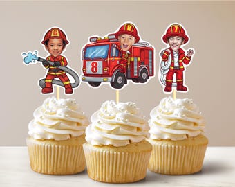 May include: Three cupcakes topped with white frosting and pearl sprinkles. Each cupcake has a firefighter-themed topper. The toppers feature illustrations of children dressed as firefighters, a red fire truck, and the number 8.