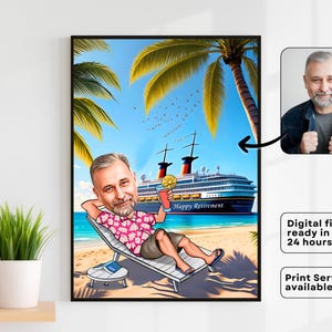Caricatura de papá jubilado personalizada en la playa, caricatura de dibujos animados, retrato personalizado, regalo para él, regalo divertido para papá, jefe jubilado enmarcado