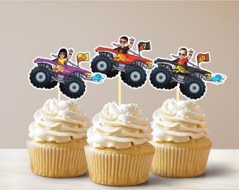 Monster Truck Custom Face Cupcake Toppers Smash and Crash Birthday Theme Monstrous Truck Party Favors