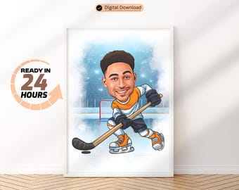 Custom Hockey Portrait Personalized Hockey Player Caricature Drawing Funny Cartoon from Photo Gift for Him