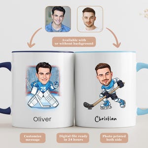 May include: Two white ceramic mugs with hockey-themed illustrations. One mug features a goalie with the name "Oliver", the other a player named "Christian". Both mugs have colored handles and rims, and the text "Customize message" is visible.