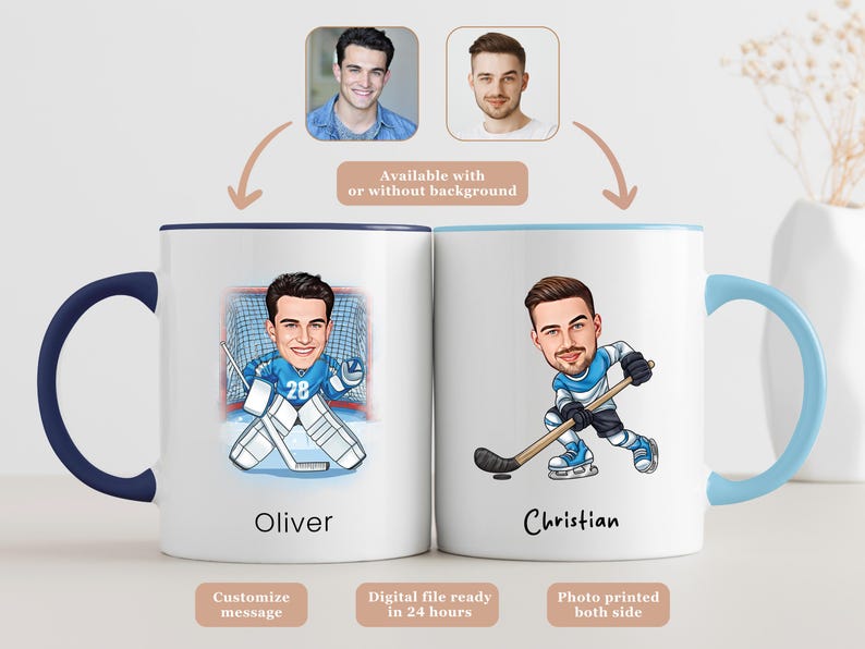 May include: Two white ceramic mugs with hockey-themed illustrations. One mug features a goalie with the name "Oliver", the other a player named "Christian". Both mugs have colored handles and rims, and the text "Customize message" is visible.