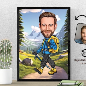 Niestandardowy portret z kreskówki dla pieszych wędrówek Portret z kreskówki dla pieszych wędrówek Prezent dla wędrowca Karykatura wędrowca z kreskówki Zabawny wędrowiec z kreskówki Spersonalizowany prezent