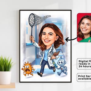 Lustige Ärztin Karikatur-kundenspezifisches Karikatur-Porträt-Geschenk für medizinische Berufsleute