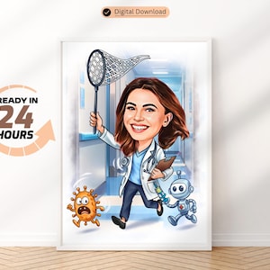 Lustige Ärztin Karikatur-kundenspezifisches Karikatur-Porträt-Geschenk für medizinische Berufsleute