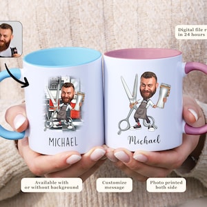 May include: Two white ceramic mugs with blue and pink handles. The mugs feature a cartoon illustration of a person holding scissors and a hair clipper. The text "MICHAEL" is printed on both mugs.