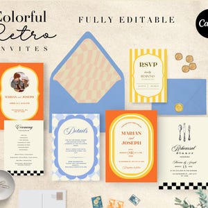 Colorful Retro Wedding Invitation Suite Template Bright & Colorful Wedding Garden Party Wedding Retro Destination Weddings Canva
