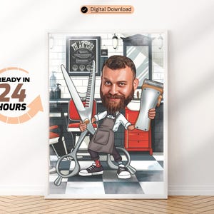 Caricatura personalizada de barbeiro, desenho de caricatura de barbeiro personalizado, desenho de caricatura de barbeiro engraçado, presente de caricatura de barbeiro