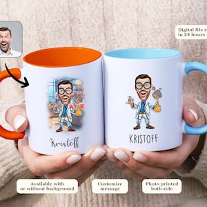 Taza personalizada de científico masculino con caricatura, taza personalizada con retrato de dibujos animados para científico, regalo divertido para científico, regalo para amantes de la ciencia