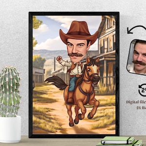 Personalisierte Cowboy Karikatur Porträt Cartoon vom Foto Kundenspezifisches Western Porträt Geschenk für Ihn Western Portrait