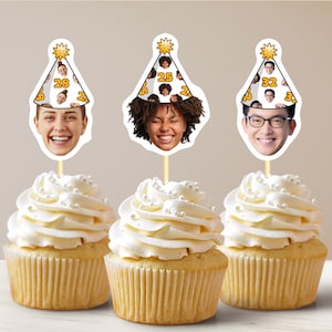 Birthday Hat Topper Photo With Party Hat Cupcake Toppers Adult Party Theme Custom Birthday Toppers Personalized Face Topper